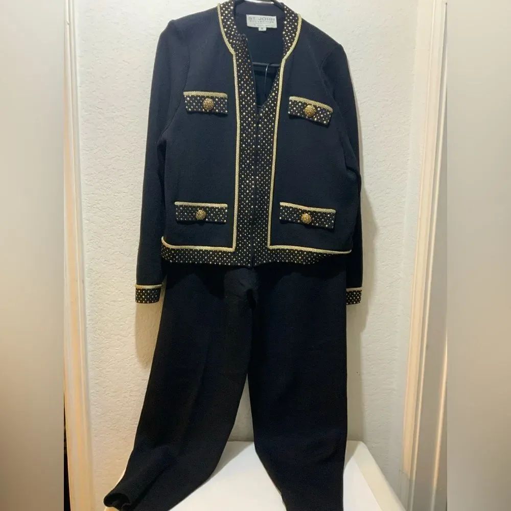 St. John’s Marie Gray, cropped black zipper jacket gold detail & matching pants